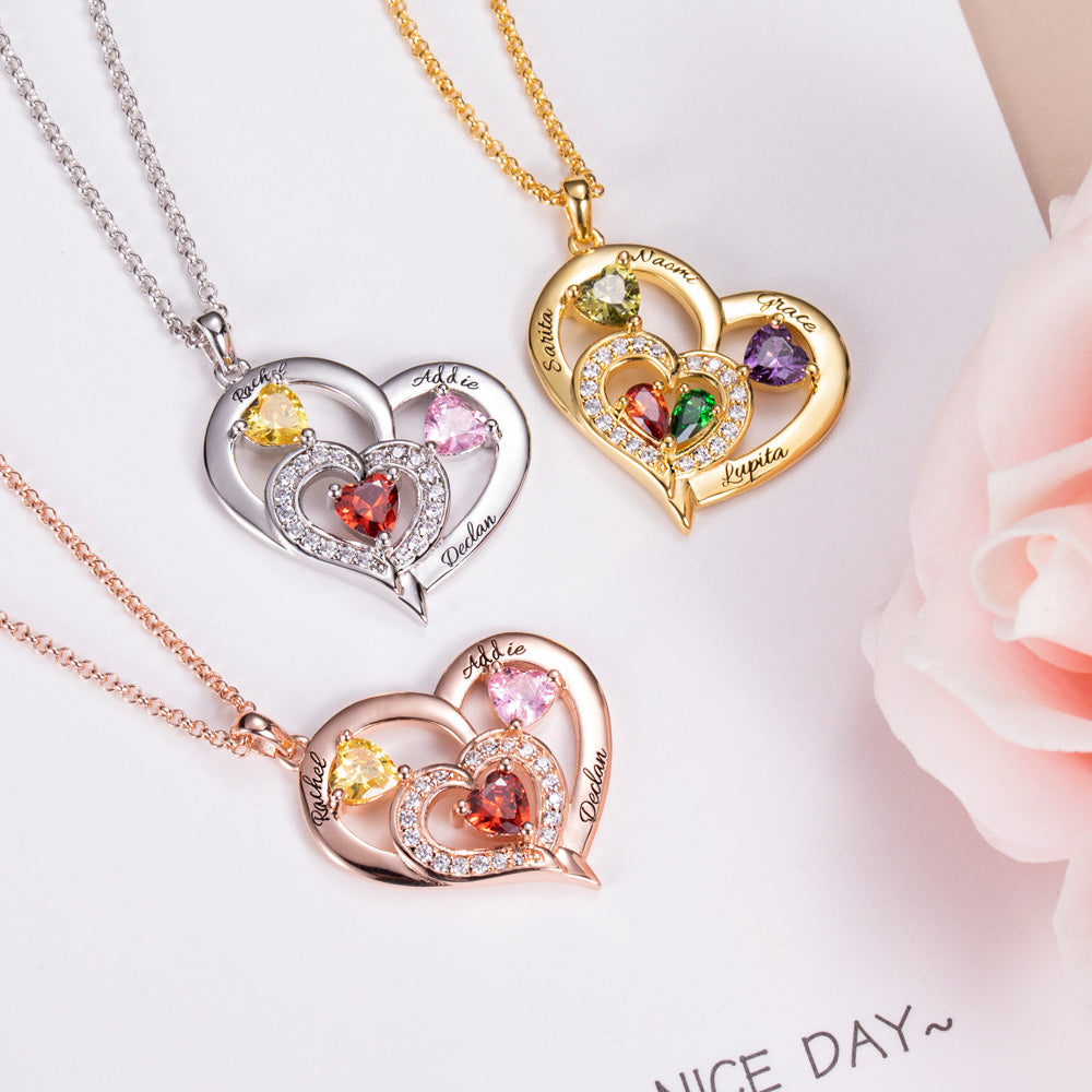 Heart-shaped Birthstone Family  Copper  Necklace with Customized 3  Names