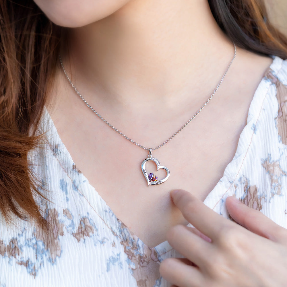 Heart-shaped Birthstone Family  Copper  Necklace with Customized 2  Names