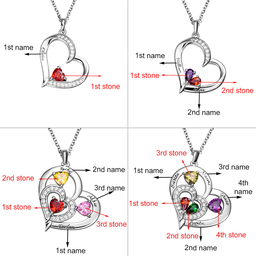 Heart-shaped Birthstone Family  Silver 925 Necklace with Customized 2 Names