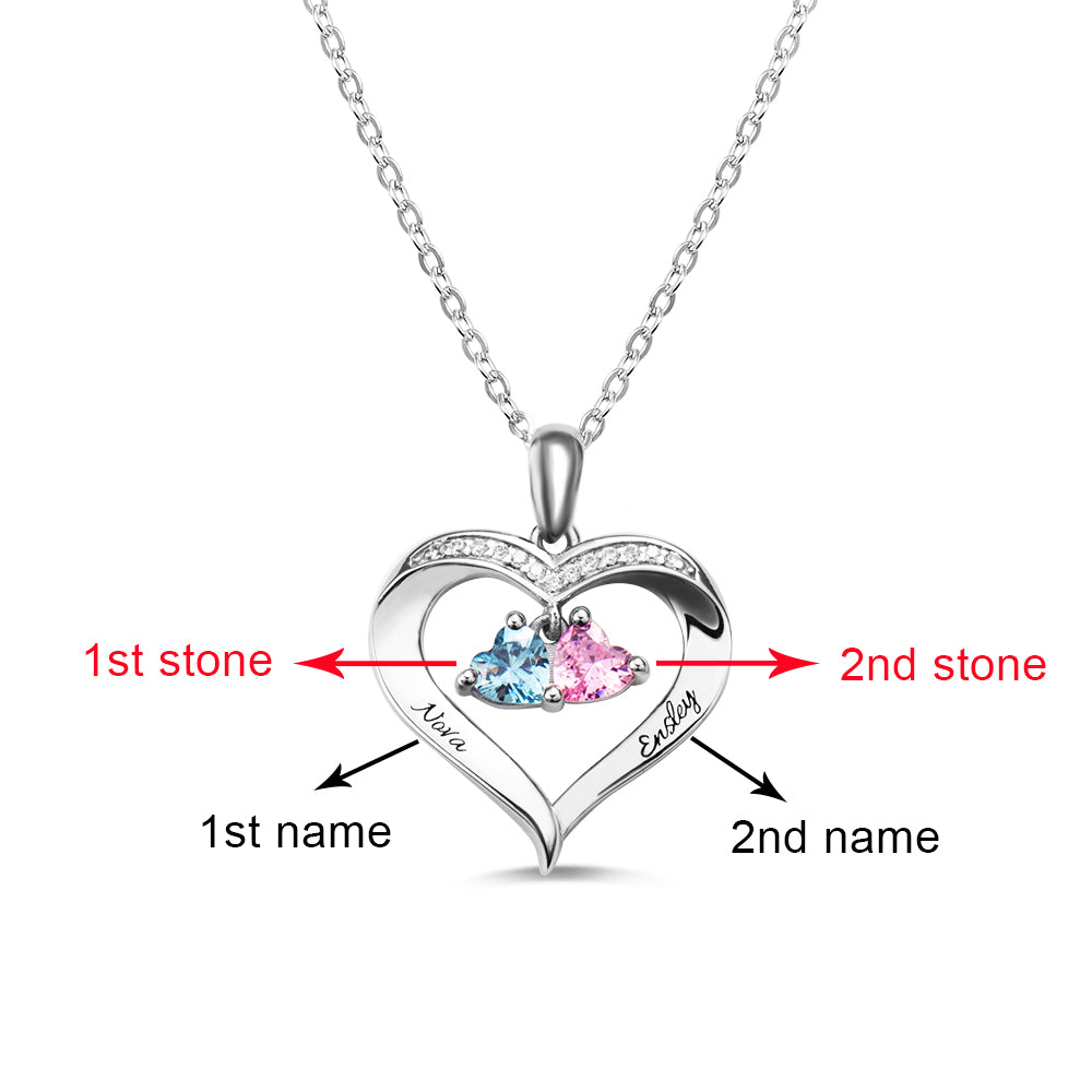 Personalized Heart Birthstone Necklace with Engraving in Copper/2 Birthstones