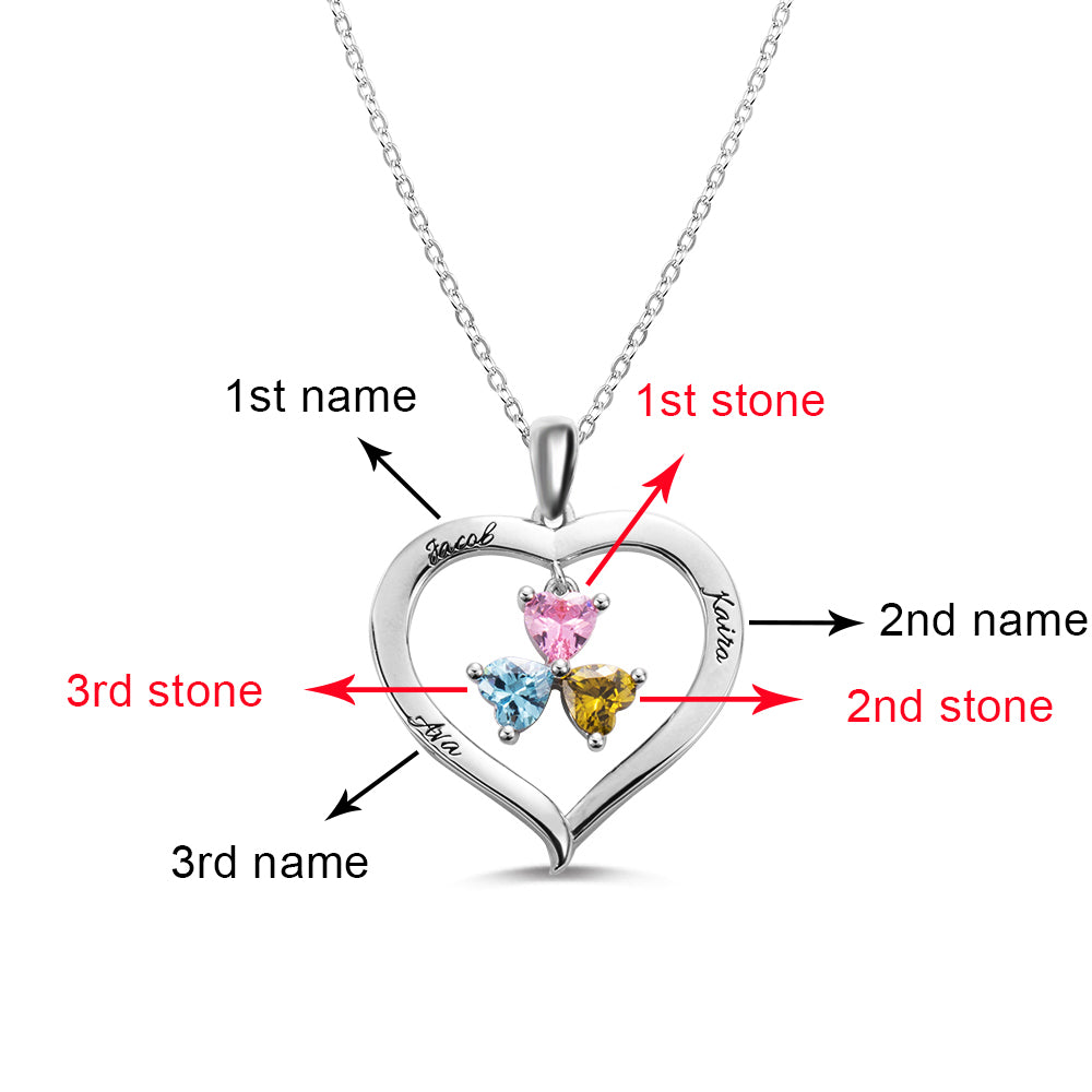 Personalized Heart Birthstone Necklace with Engraving in Copper/ 3 Birthstones