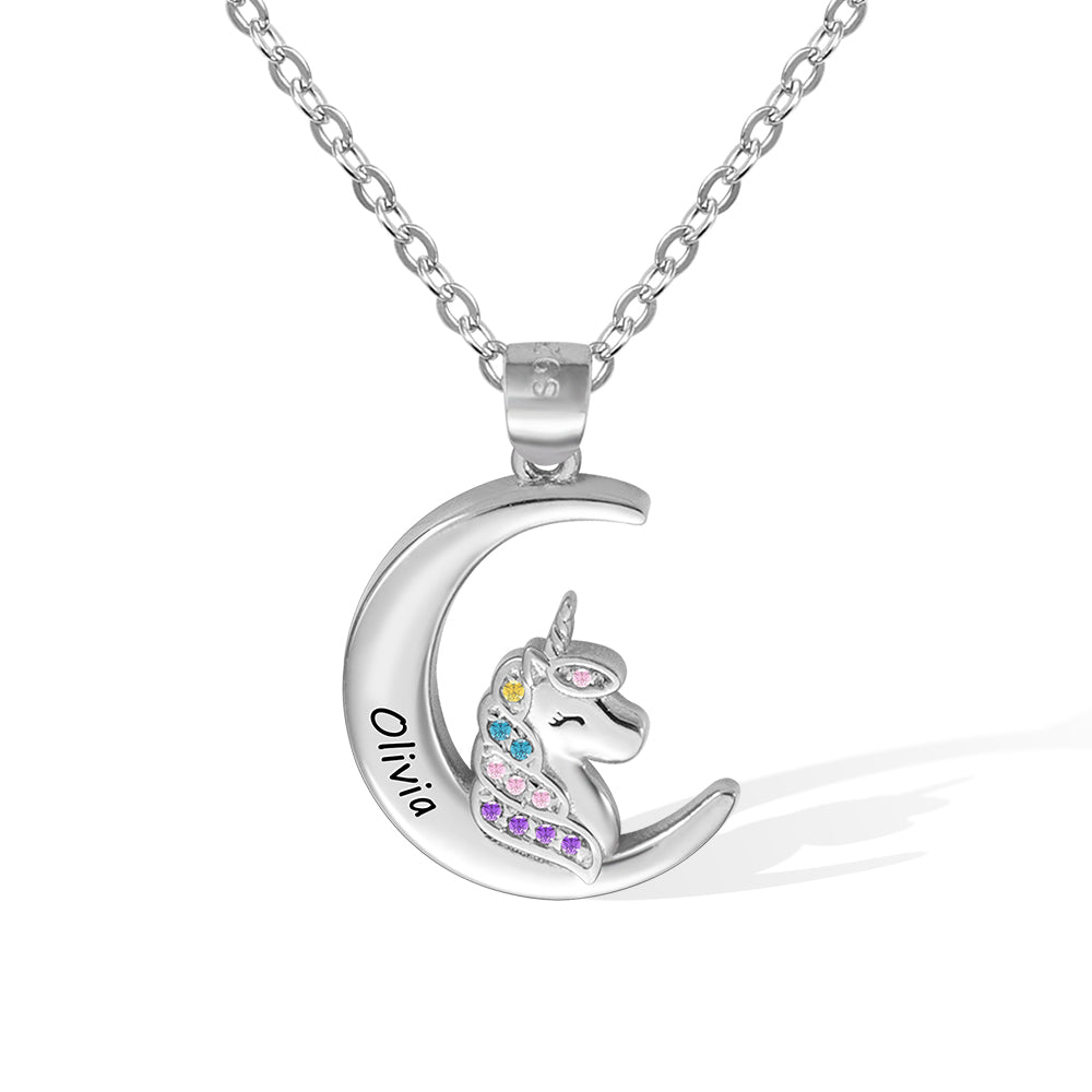 Silver 925/Unicorn Necklace with Personalized Name, Silver Crescent Moon Pendant Heart Locket Necklaces Gift to Daughter, Granddaughter, Niece, Unicorn Jewelry for Girls