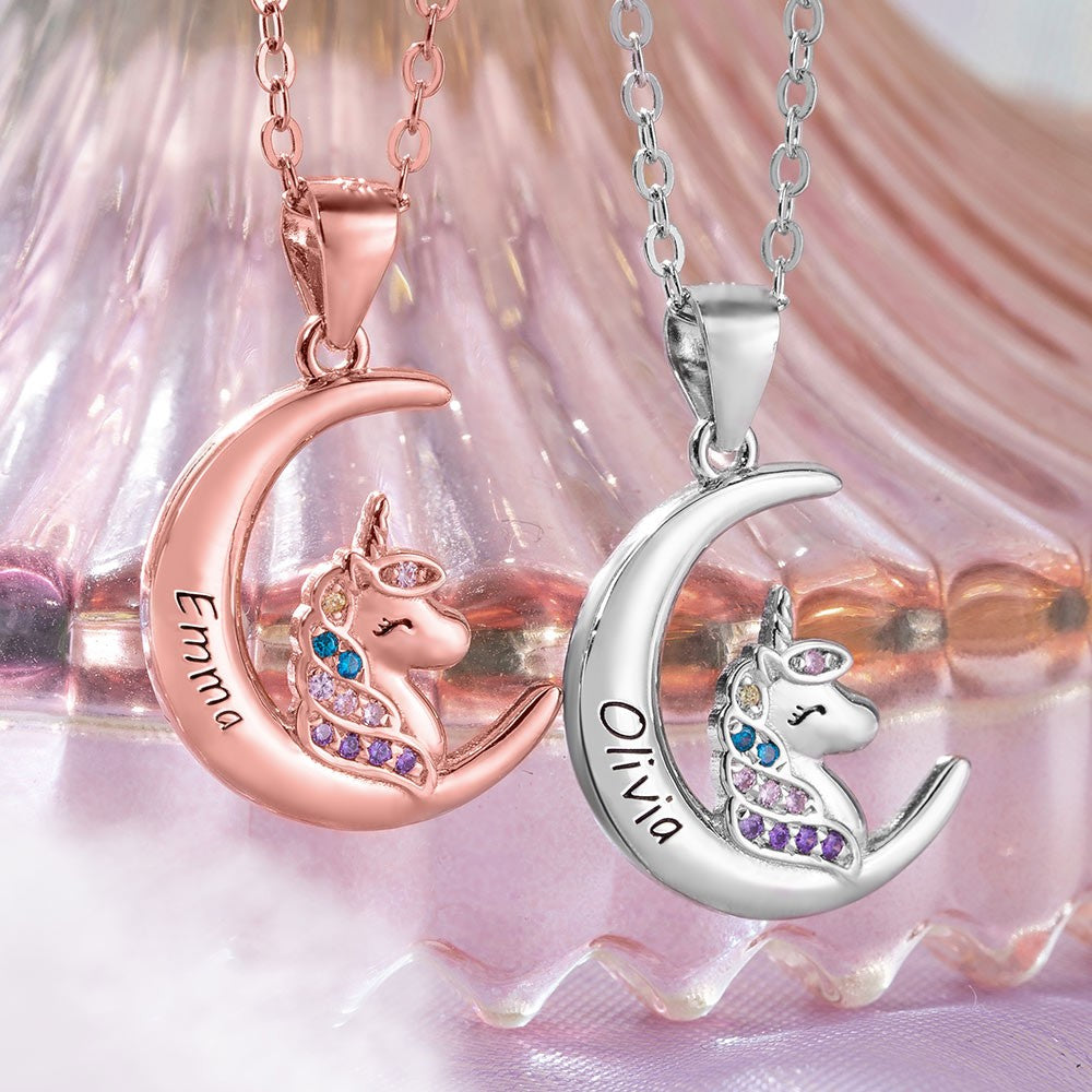 Silver 925/Unicorn Necklace with Personalized Name, Silver Crescent Moon Pendant Heart Locket Necklaces Gift to Daughter, Granddaughter, Niece, Unicorn Jewelry for Girls