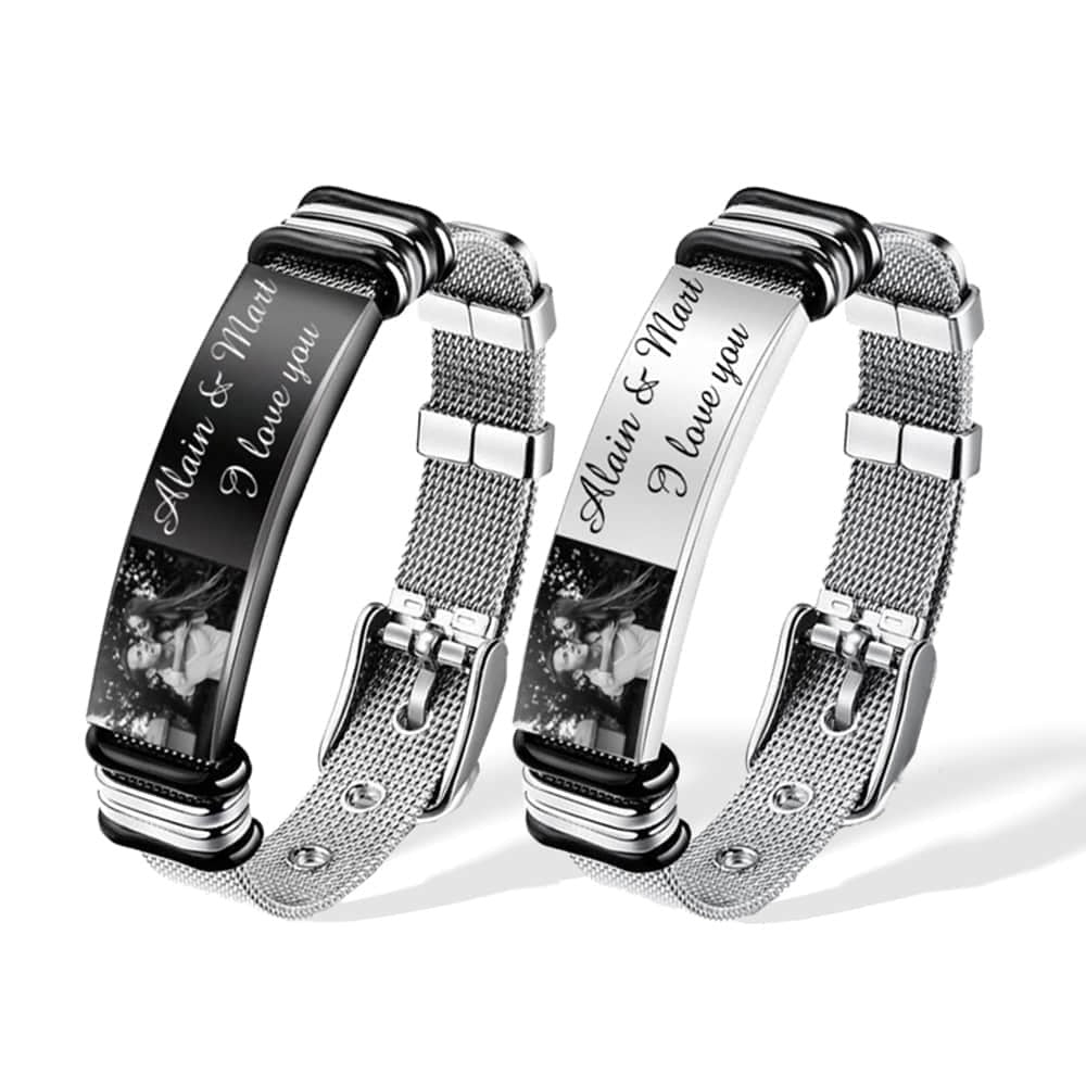 Personalized Men Photo Bracelet Engraved ID Bar Bracelet for Father