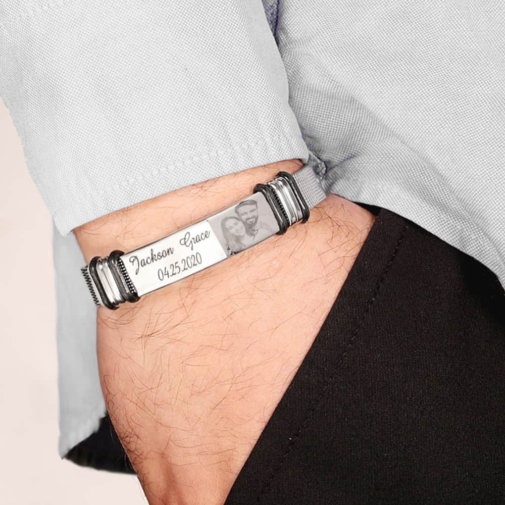 Personalized Men Photo Bracelet Engraved ID Bar Bracelet for Father