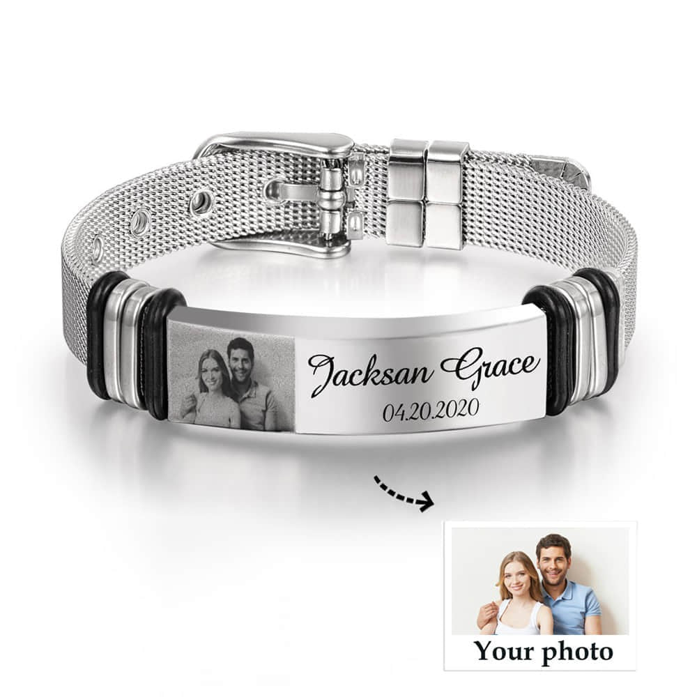 Personalized Men Photo Bracelet Engraved ID Bar Bracelet for Father