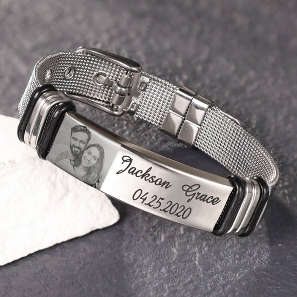 Personalized Men Photo Bracelet Engraved ID Bar Bracelet for Father