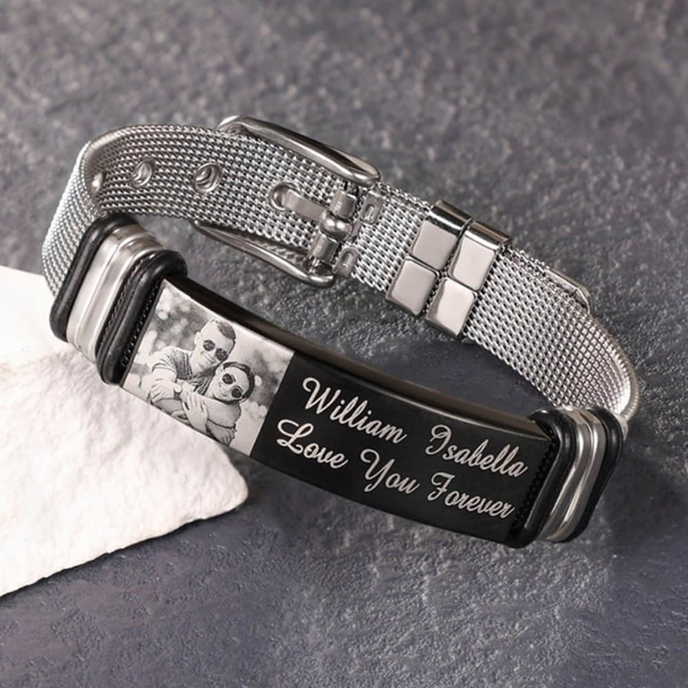 Personalized Men Photo Bracelet Engraved ID Bar Bracelet for Father