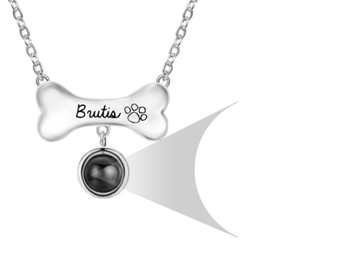 Custom Dog Bone Projection Necklace with Photo & Name, Sterling Silver Pet Memorial Necklace in 100 Languages, Gift for Pet Lover/Friend/Her