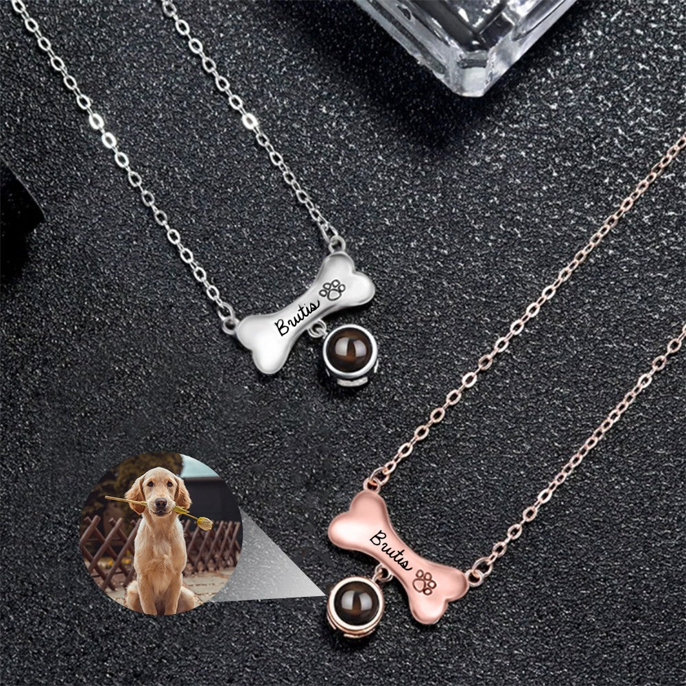 Custom Dog Bone Projection Necklace with Photo & Name, Sterling Silver Pet Memorial Necklace in 100 Languages, Gift for Pet Lover/Friend/Her