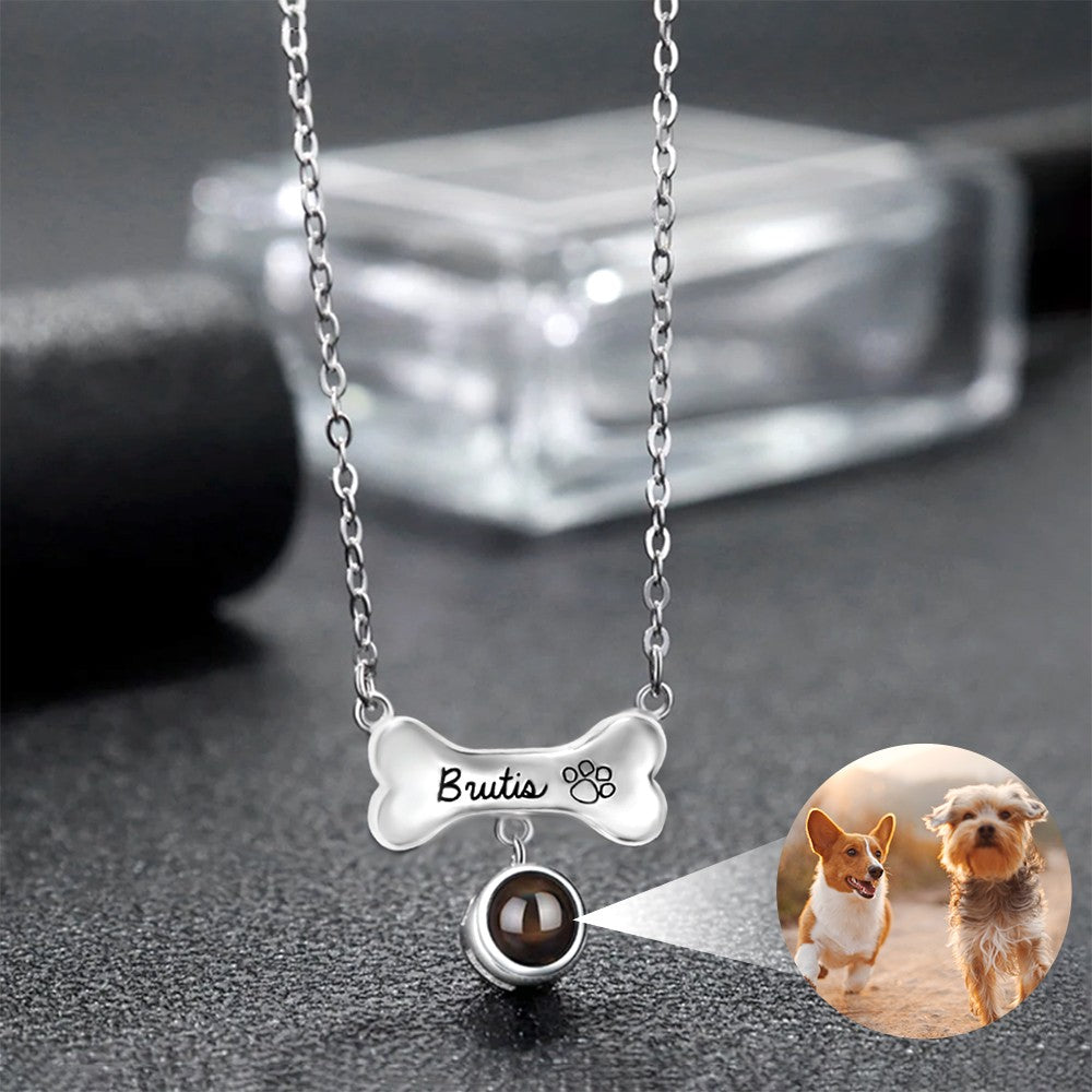 Custom Dog Bone Projection Necklace with Photo & Name, Sterling Silver Pet Memorial Necklace in 100 Languages, Gift for Pet Lover/Friend/Her