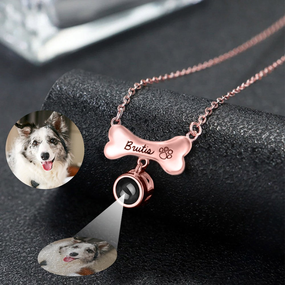 Custom Dog Bone Projection Necklace with Photo & Name, Sterling Silver Pet Memorial Necklace in 100 Languages, Gift for Pet Lover/Friend/Her