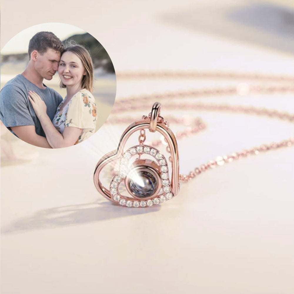 Double Heart Necklace with Personalized Photo, Silver Memorial Projection Necklace for Anniversary Christmas Valentines Mothers Day Birthday Gifts