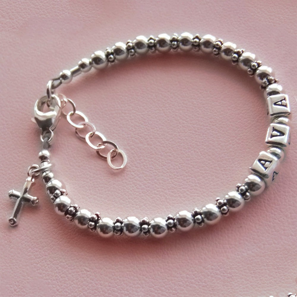 Personalized Cross Name Bracelet, Sterling Silver 925 Beads Bracelet, Beads Bracelet with Name, Baptism Gift for Baby/Boy/Girl