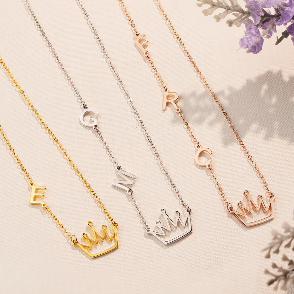 Custom Crown Necklace with Initials, Sterling Silver Crown Charm Sideways Initials Necklace, Birthday/Mother's Day Gift for Wife/Mother/Girlfriend