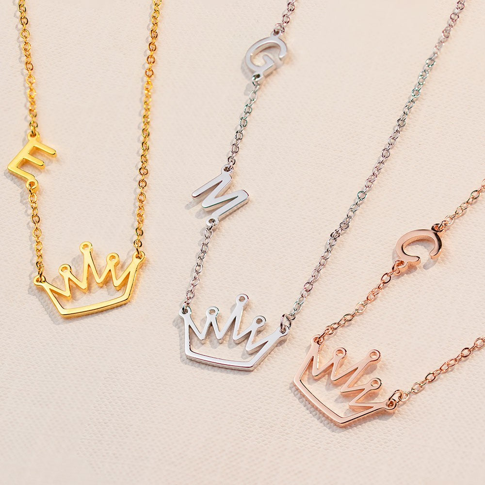 Custom Crown Necklace with Initials, Sterling Silver Crown Charm Sideways Initials Necklace, Birthday/Mother's Day Gift for Wife/Mother/Girlfriend