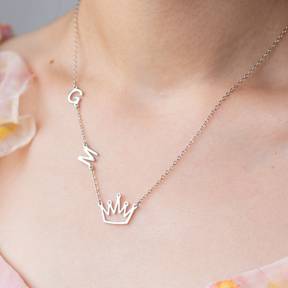 Custom Crown Necklace with Initials, Sterling Silver Crown Charm Sideways Initials Necklace, Birthday/Mother's Day Gift for Wife/Mother/Girlfriend