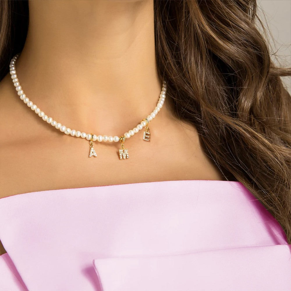 Personalized Initial Pearl Choker, Zircon Pendant Letter Charm Pendant Necklace, Pearl Necklace with Initial, Gift for Girl/Bridesmaid