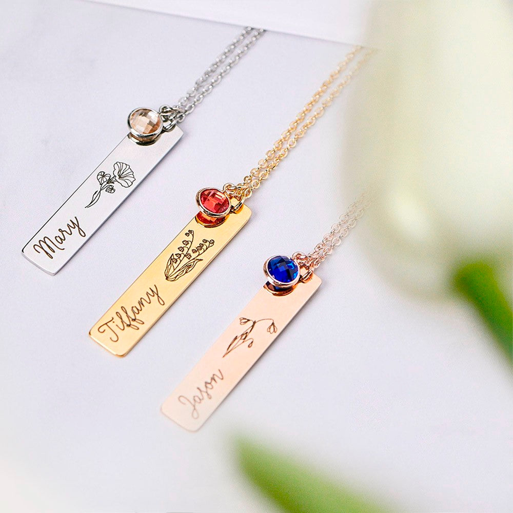 Stainless Steel Necklace, Personalized Birth Flower Necklaces with Name, Engraved Birth Flower Necklaces, Customized Birthstone Necklace, Gifts for Mom/Grandma