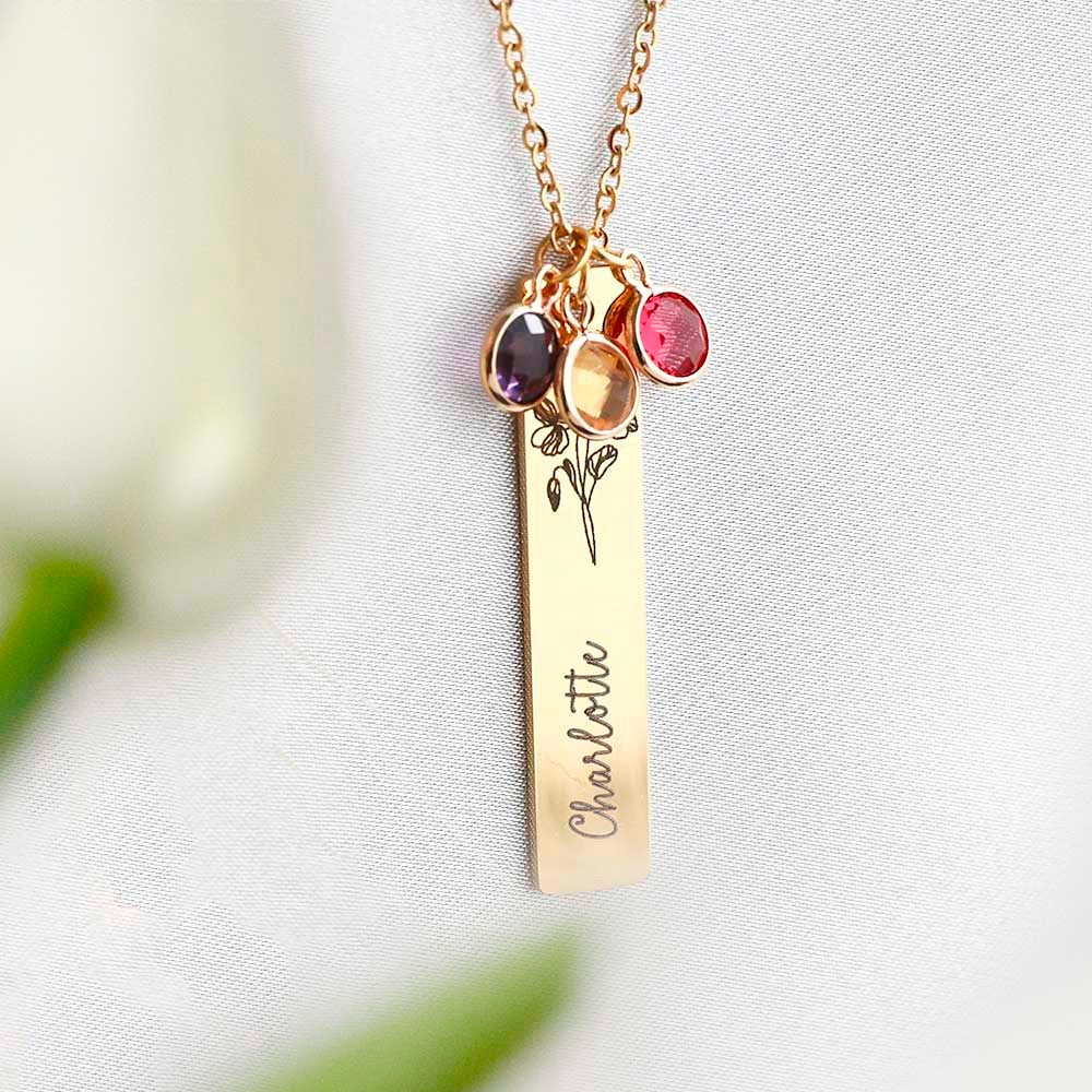 Stainless Steel Necklace, Personalized Birth Flower Necklaces with Name, Engraved Birth Flower Necklaces, Customized Birthstone Necklace, Gifts for Mom/Grandma