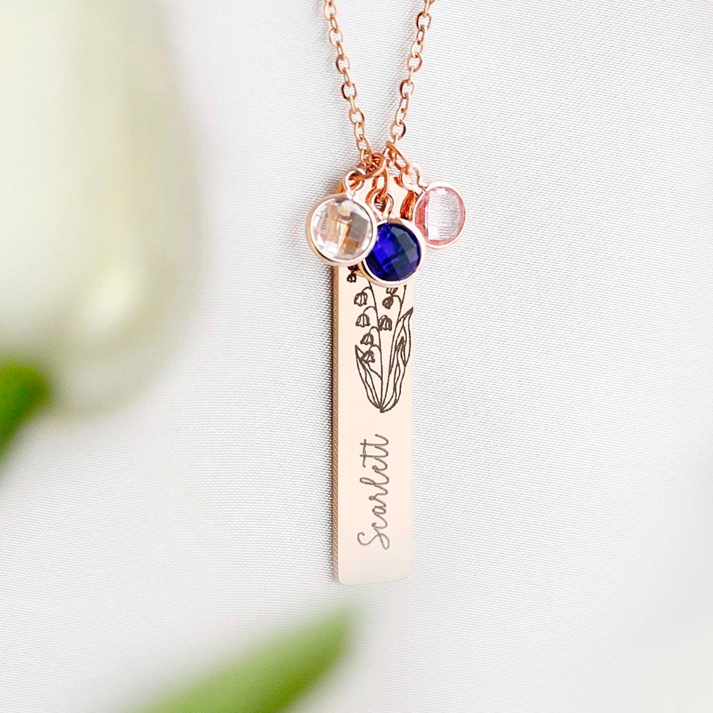 Stainless Steel Necklace, Personalized Birth Flower Necklaces with Name, Engraved Birth Flower Necklaces, Customized Birthstone Necklace, Gifts for Mom/Grandma