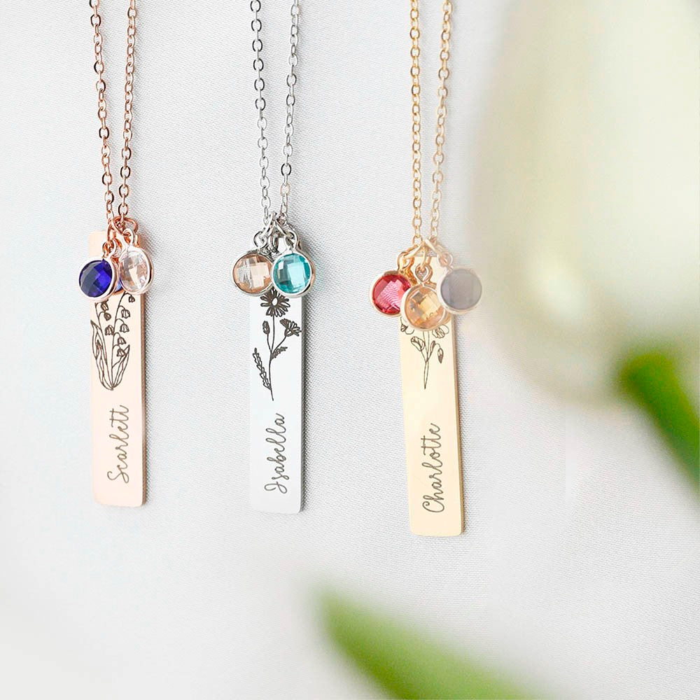 Stainless Steel Necklace, Personalized Birth Flower Necklaces with Name, Engraved Birth Flower Necklaces, Customized Birthstone Necklace, Gifts for Mom/Grandma