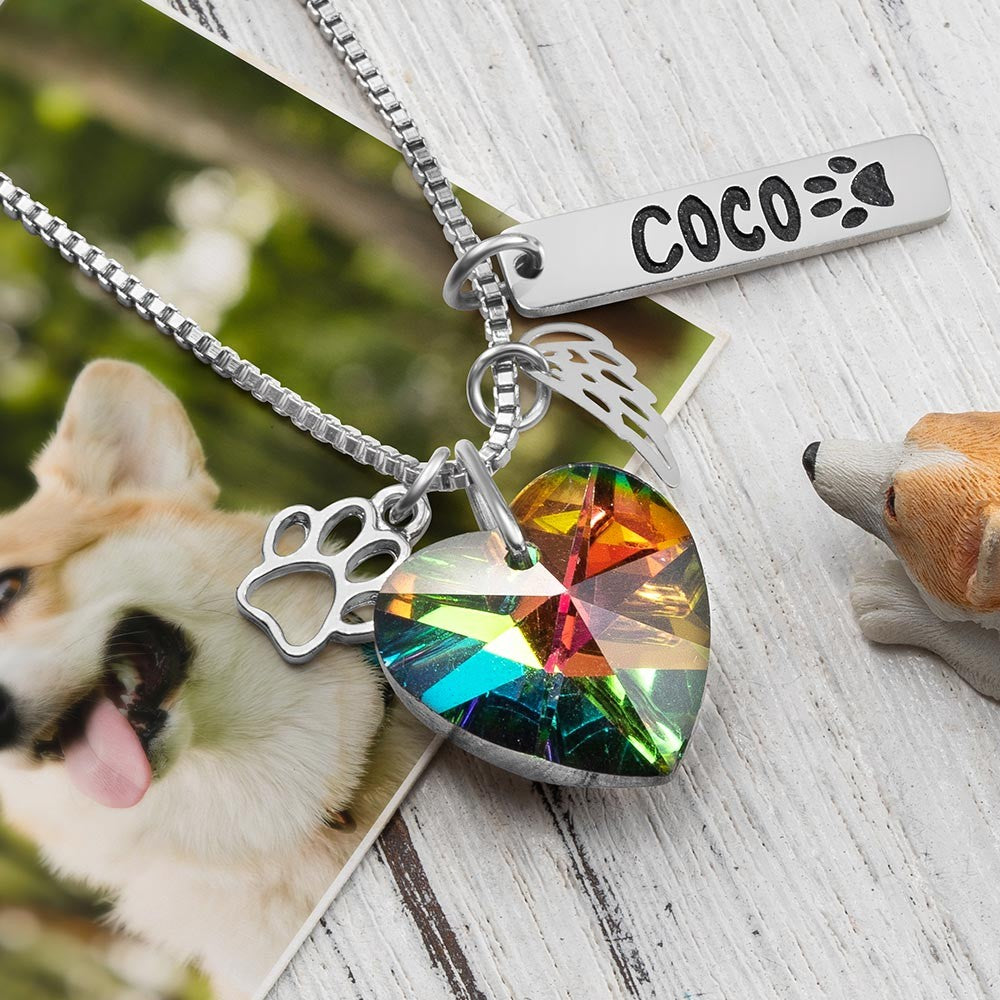 Custom Pet Loss Rainbow Crystal Necklace, Stainless Steel Angel Wing Paw Pet Name Tag & Rainbow Bridge Pendant, Pet Memorial, Gift for Pet Lover