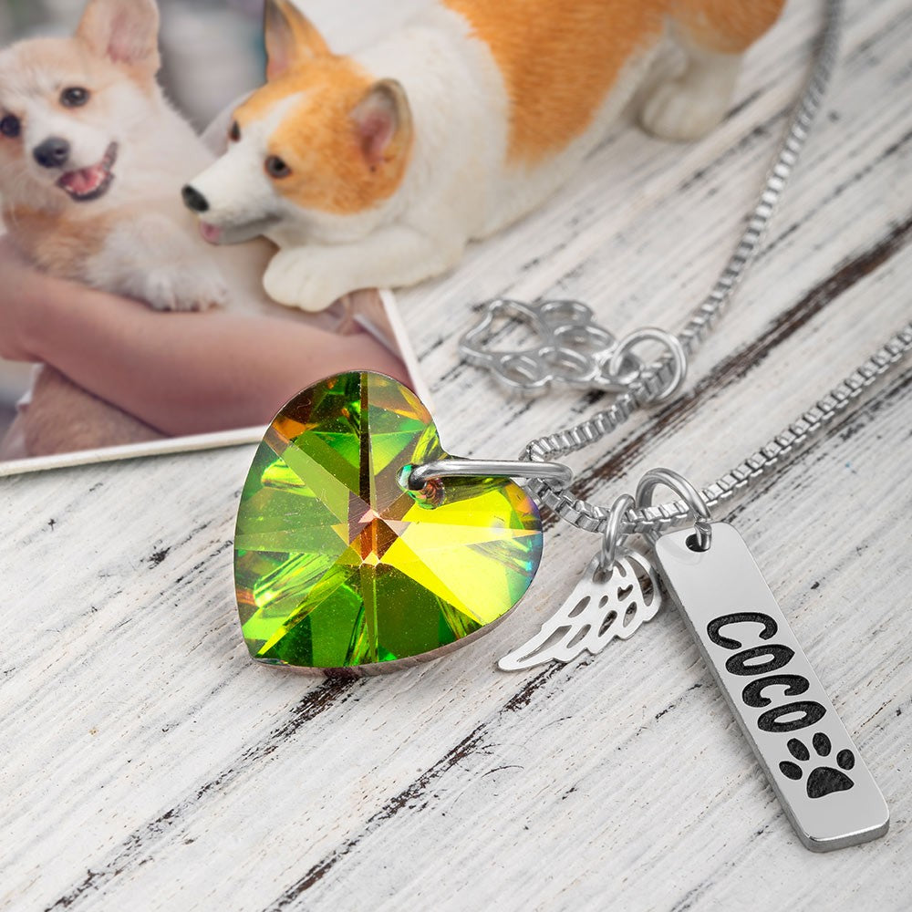 Custom Pet Loss Rainbow Crystal Necklace, Stainless Steel Angel Wing Paw Pet Name Tag & Rainbow Bridge Pendant, Pet Memorial, Gift for Pet Lover