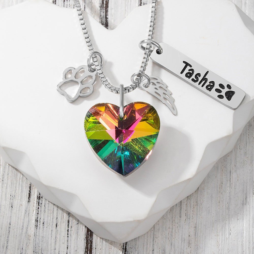 Custom Pet Loss Rainbow Crystal Necklace, Stainless Steel Angel Wing Paw Pet Name Tag & Rainbow Bridge Pendant, Pet Memorial, Gift for Pet Lover