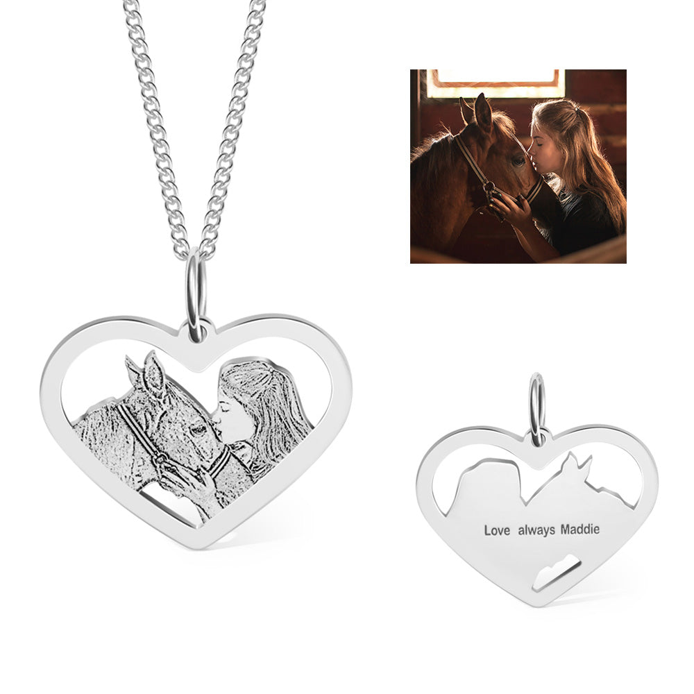 Silver 925 Necklace, Personalized Heart Horse Photo Necklace, Horse Portrait Necklace,  Personalized Gift, Gift for Horse Lovers/Friends