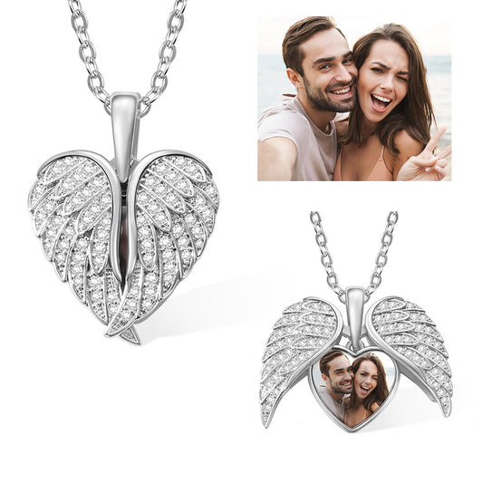 Silver products/Angel Wing Necklace with Custom Photo, Heart Picture Pendant Necklace, Personalized Angel Wings Memorial Jewelry Gifts for Mom/Grandma/Her Full Birthstone