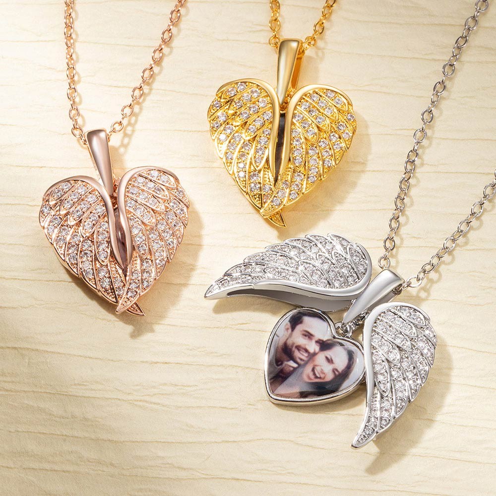 Silver products/Angel Wing Necklace with Custom Photo, Heart Picture Pendant Necklace, Personalized Angel Wings Memorial Jewelry Gifts for Mom/Grandma/Her Full Birthstone