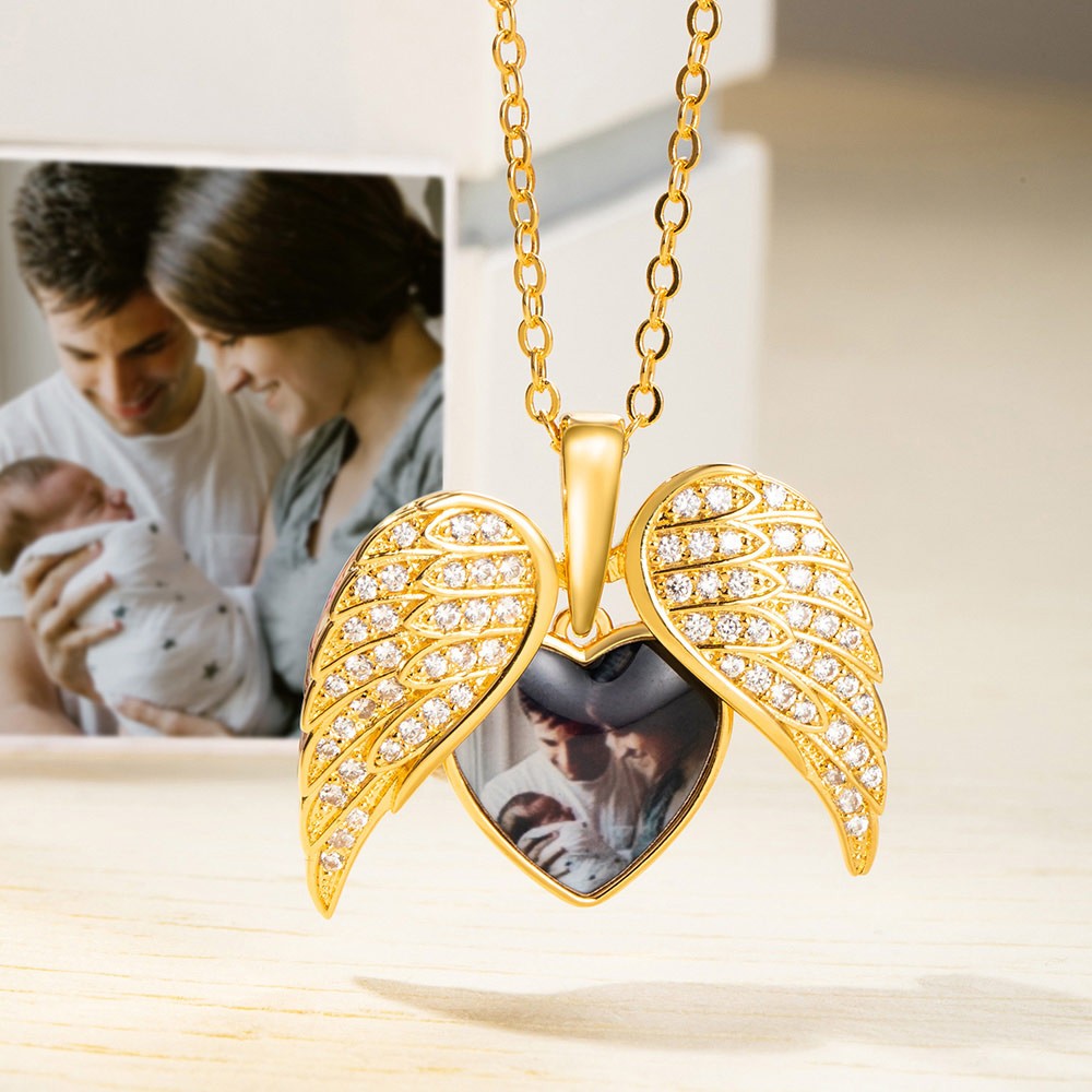 Silver products/Angel Wing Necklace with Custom Photo, Heart Picture Pendant Necklace, Personalized Angel Wings Memorial Jewelry Gifts for Mom/Grandma/Her Full Birthstone