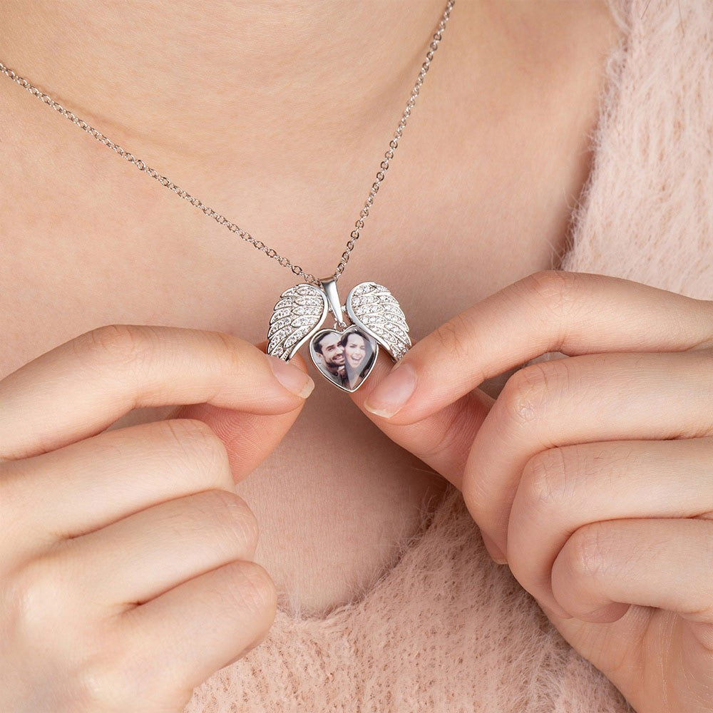 Silver products/Angel Wing Necklace with Custom Photo, Heart Picture Pendant Necklace, Personalized Angel Wings Memorial Jewelry Gifts for Mom/Grandma/Her Full Birthstone