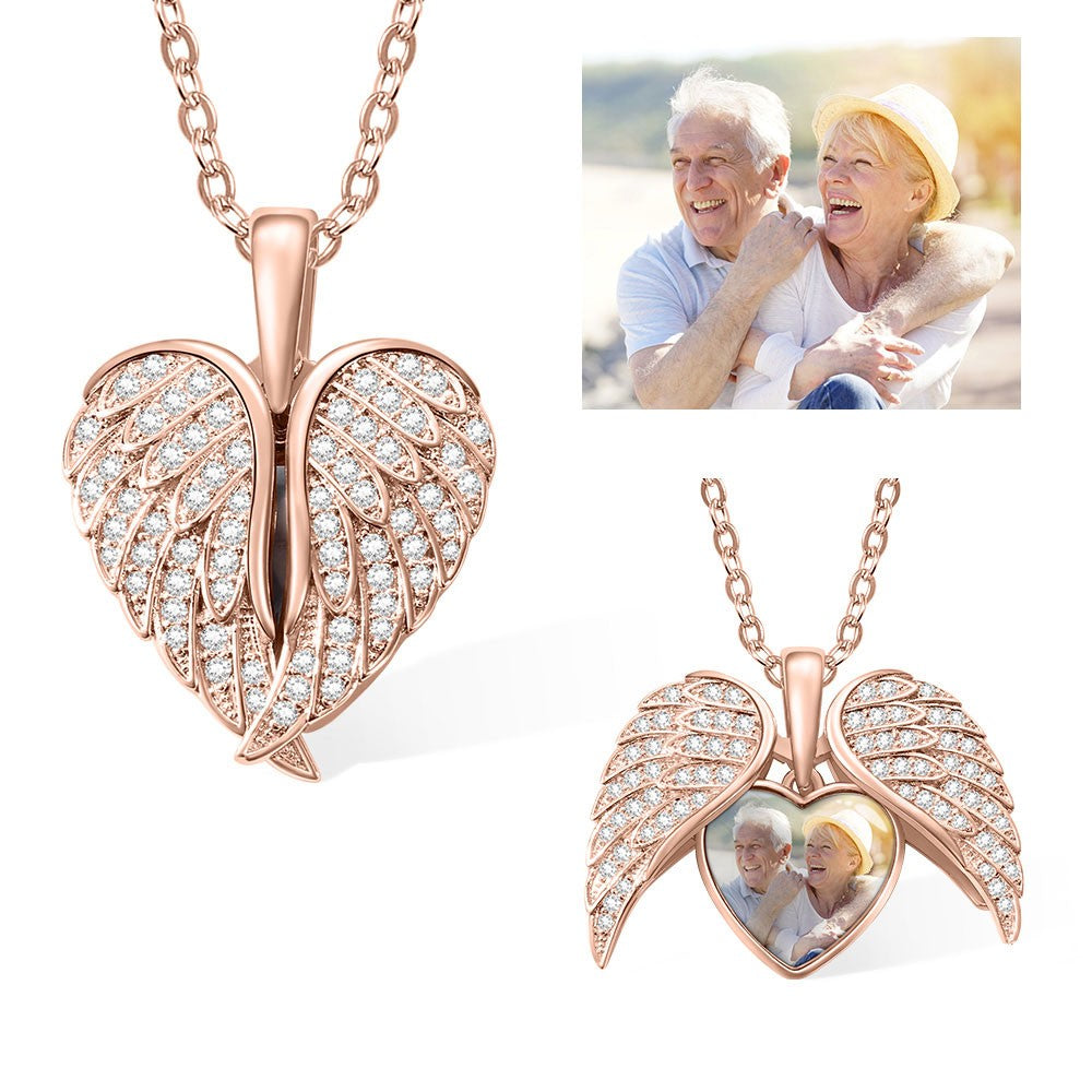 Silver products/Angel Wing Necklace with Custom Photo, Heart Picture Pendant Necklace, Personalized Angel Wings Memorial Jewelry Gifts for Mom/Grandma/Her Full Birthstone