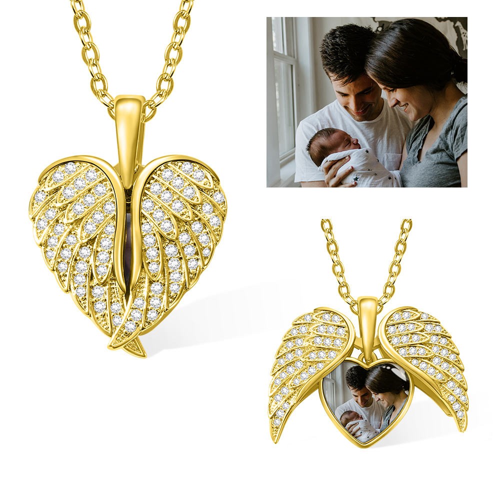 Brass/Angel Wing Necklace with Custom Photo, Heart Picture Pendant Necklace, Personalized Angel Wings Memorial Jewelry Gifts for Mom/Grandma/Her Full Birthstone