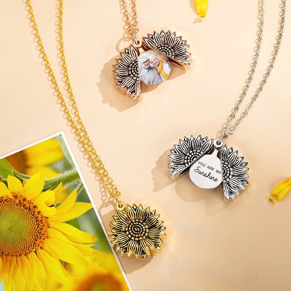 Personalized Sunflower Photo Locket Necklace, You Are My Sunshine Flower Necklace with Custom Photo, Sunflower Charm Necklace