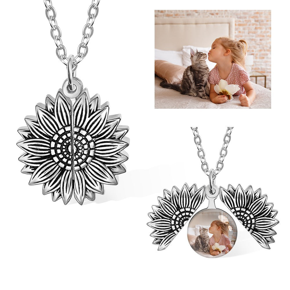 Personalized Sunflower Photo Locket Necklace, You Are My Sunshine Flower Necklace with Custom Photo, Sunflower Charm Necklace