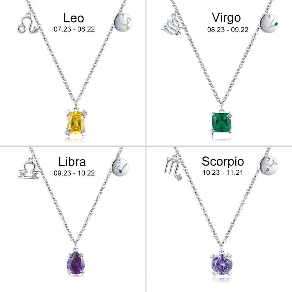 Zodiac Sign Birthstone Pendant Necklace, Sterling Silver 925 Astrology Constellation Jewelry, Birthday/Anniversary/Christmas Gift for Women/Girls