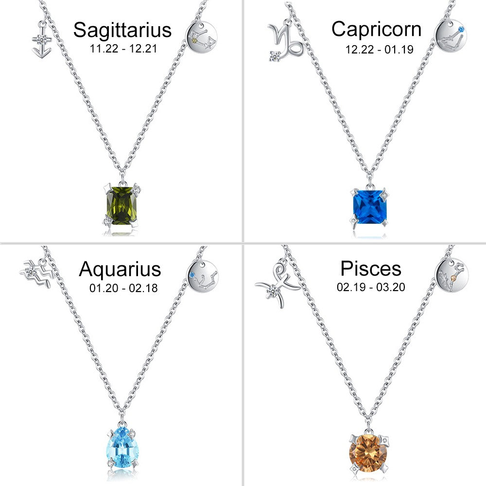 Zodiac Sign Birthstone Pendant Necklace, Sterling Silver 925 Astrology Constellation Jewelry, Birthday/Anniversary/Christmas Gift for Women/Girls