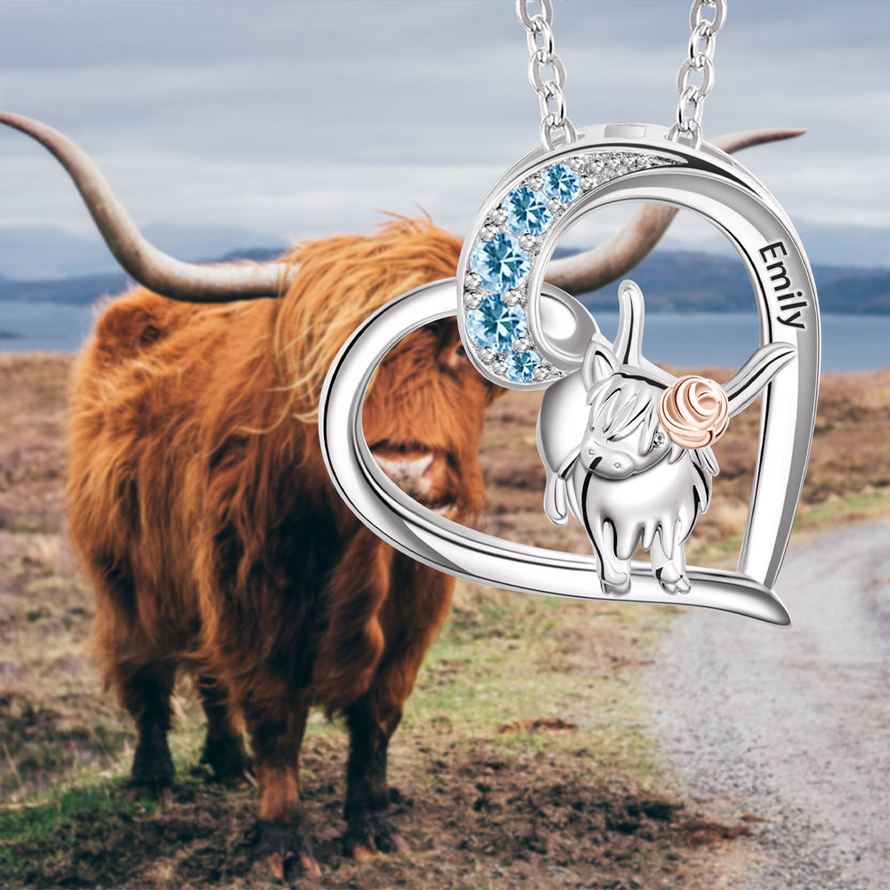 Highland Cow Necklace with Heart, Zircon Inlaid Necklace, Sterling Silver 925 Cow Pendant, Gifts for Mother/Women