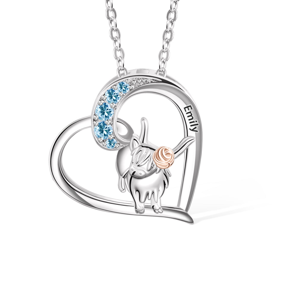 Highland Cow Necklace with Heart, Zircon Inlaid Necklace, Sterling Silver 925 Cow Pendant, Gifts for Mother/Women