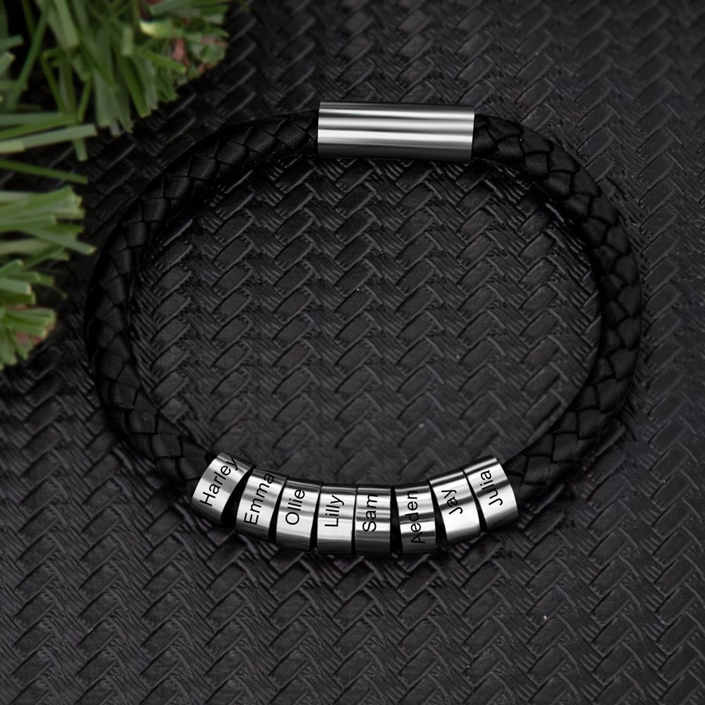 Personalized Bead Braided Bracelet, Name Bracelet, Artificial Leather Men's Bracelet, Father's Day Gifts, Gifts for Father/Husband/Boyfriend