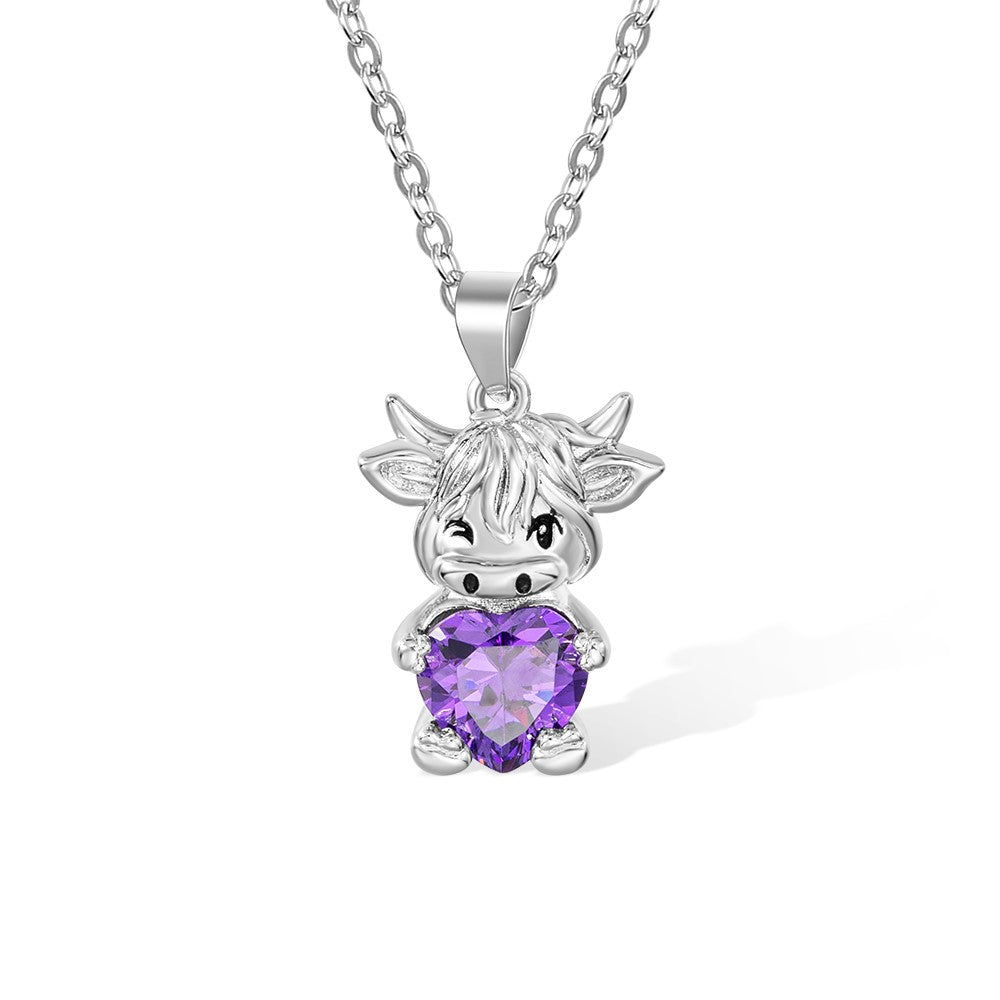 Custom Birthstone Highland Cow Necklace, Cow Necklace, Sterling Silver 925 Necklace, Cow Stuffed Jewelry, Birthday Gifts for Girls/Daughter/Girlfriend