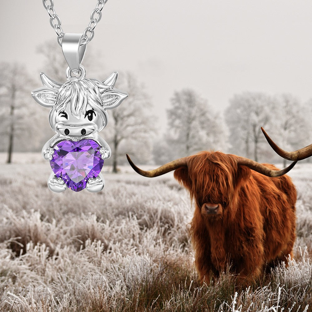 Custom Birthstone Highland Cow Necklace, Cow Necklace, Sterling Silver 925 Necklace, Cow Stuffed Jewelry, Birthday Gifts for Girls/Daughter/Girlfriend