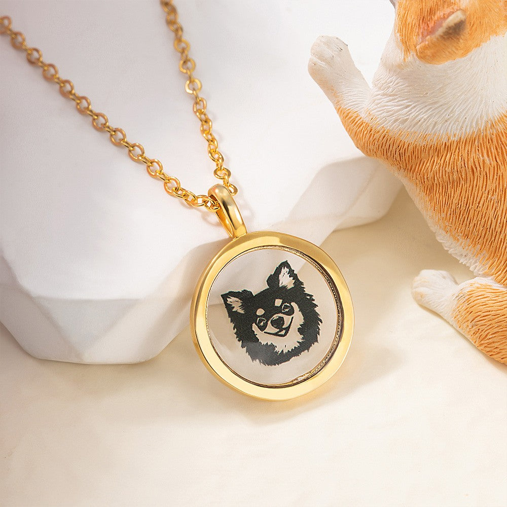 Brass Pet Keepsakes with Portrait, Custom Pet Portrait Necklace, Personalized Photo Pet Necklace for Dog & Cat, Gift for Pet Lover