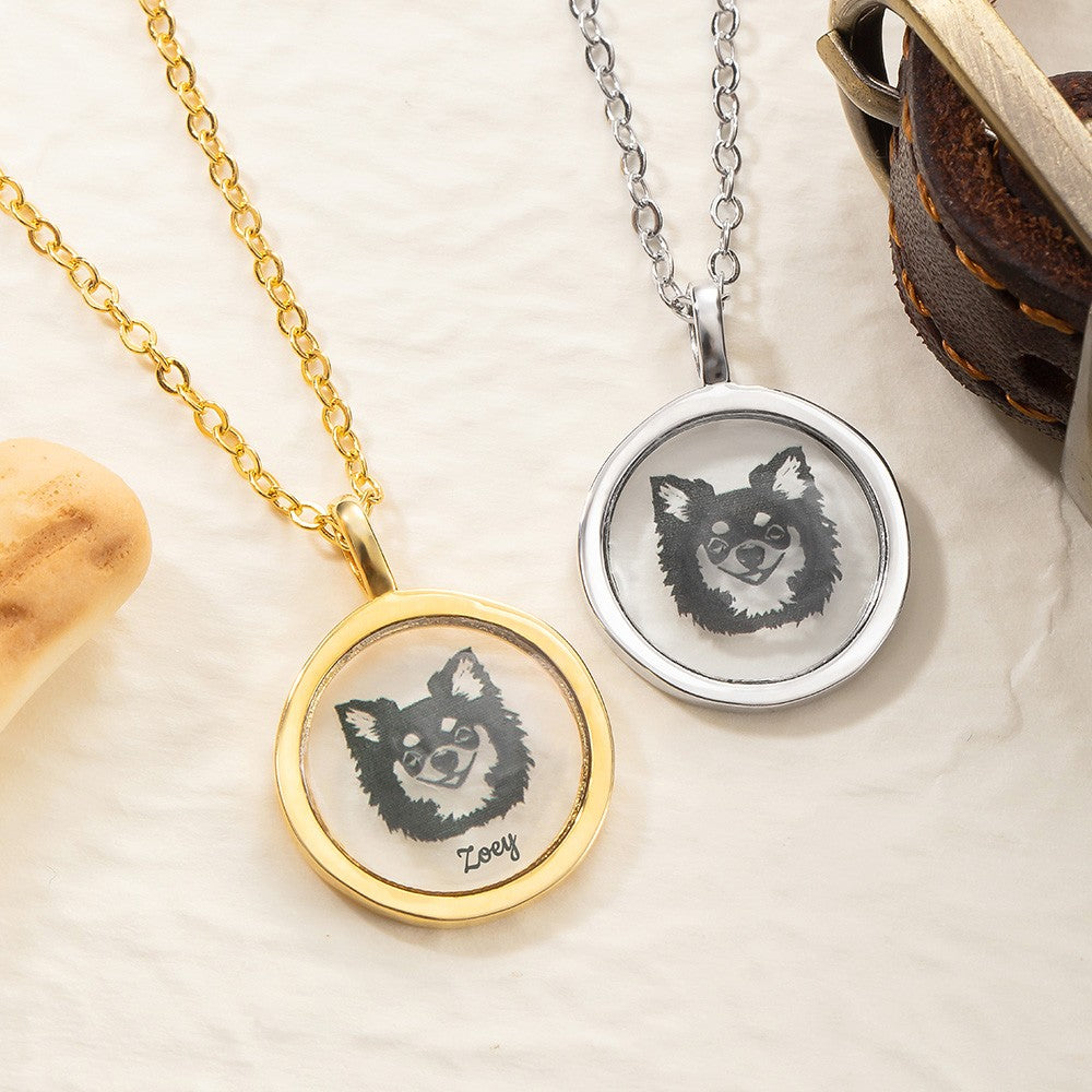 Brass Pet Keepsakes with Portrait, Custom Pet Portrait Necklace, Personalized Photo Pet Necklace for Dog & Cat, Gift for Pet Lover