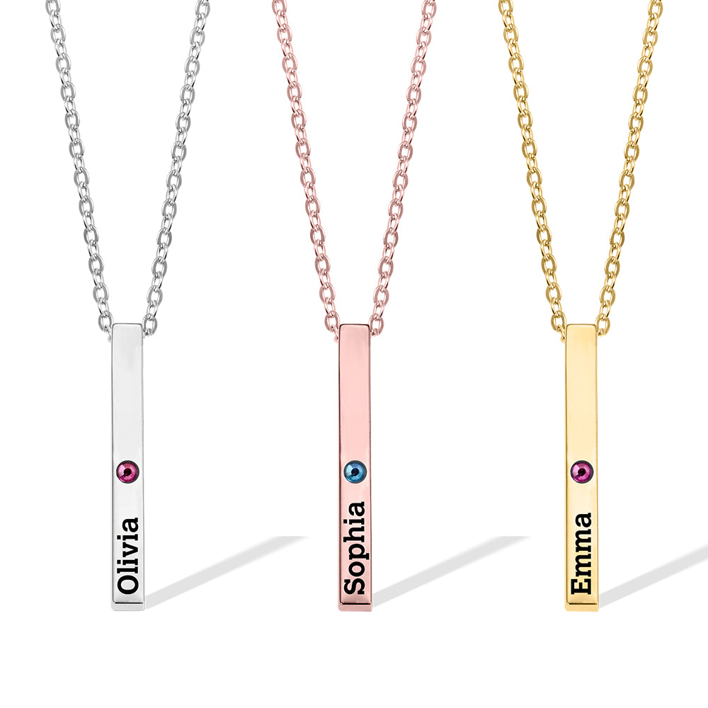 Personalized Engraved Birthstone Necklace with Name, Newborn Name&Date Memorial Necklace, 4-Sided Bar Necklace With Birthstone, Gift for New Mom