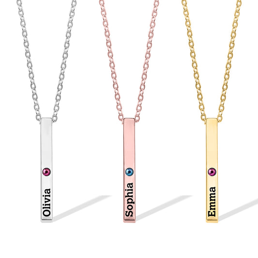 Personalized Engraved Birthstone Necklace with Name, Newborn Name&Date Memorial Necklace, 4-Sided Bar Necklace With Birthstone, Gift for New Mom