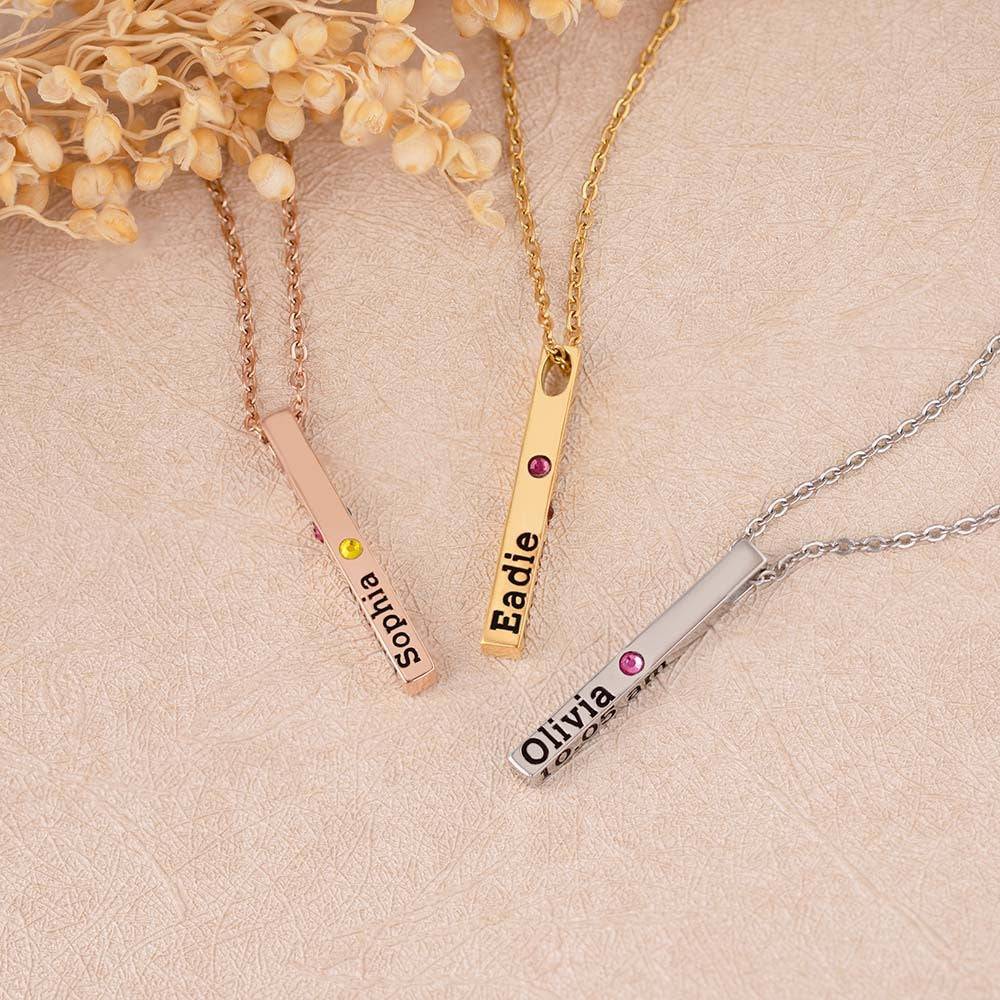 Personalized Engraved Birthstone Necklace with Name, Newborn Name&Date Memorial Necklace, 4-Sided Bar Necklace With Birthstone, Gift for New Mom